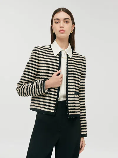 Goelia Wool Blend Black And White Stripe Tweed Women Crop Jacket In Brown