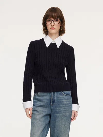 Goelia Wool Blend Cable Knit Women Sweater With Detachable Collar And Cuffs In Black