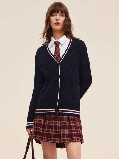 Goelia Wool Blend Contrast Trim Women Cardigan In Blue