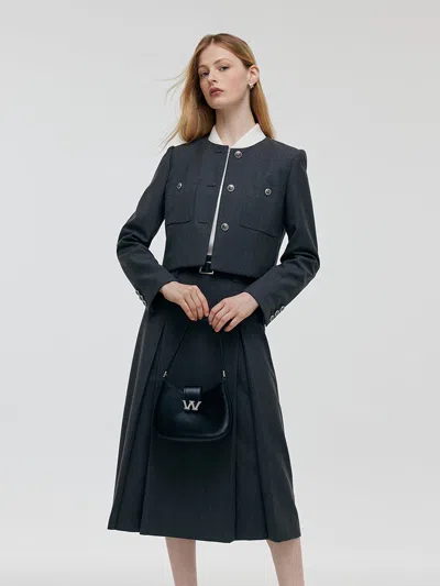 Goelia Wool Blend Crop Jacket And A-line Skirt Two-piece Set With Leather Belt In Gray