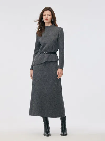 Goelia Wool Blend Mock Neck Sweater And A-line Skirt Two-piece Set With Belt In Gray