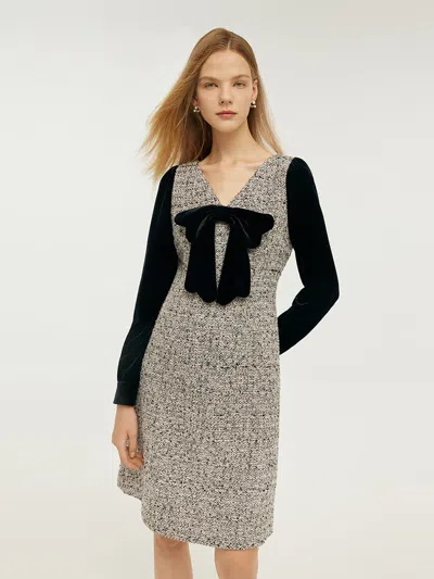 Goelia Wool Blend Patchwork Velvet Women Mini Dress With Detachable Bowknot In Multi