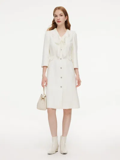 Goelia Wool Blend Tweed 3/4 Sleeve Women Midi Dress With Detachable Ruffle Collar In Off White