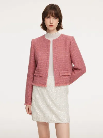 Goelia Wool Blend Tweed Frayed Hem Women Jacket In Pink