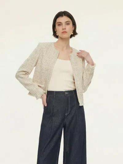 Goelia Wool Blend Tweed Frayed Hem Women Jacket In White