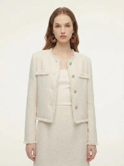 Goelia Wool Blend Tweed Fringe Trim Women Jacket In White
