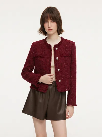 Goelia Wool Blend Tweed Sequins Fringe Trim Women Jacket In Red
