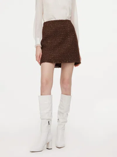 Goelia Wool Blend Tweed Sequins Women A-line Skirt In Dark Brown