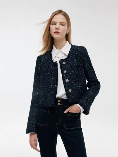 Goelia Wool Blend Tweed Square Neck Women Crop Jacket In Animal Print