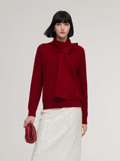 Goelia Wool Blend V-neck Women Sweater With Detachable Scarf In Red