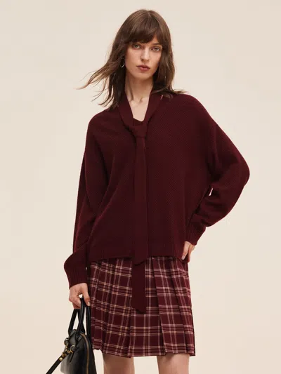 Goelia Wool Blend Women V-neck Knit Top With Ribbon In Burgundy