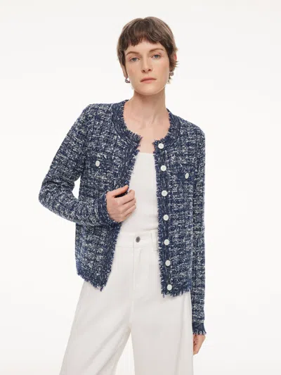 Goelia Wool Cotton Blend Frayed Trim Women Cardigan In Blue
