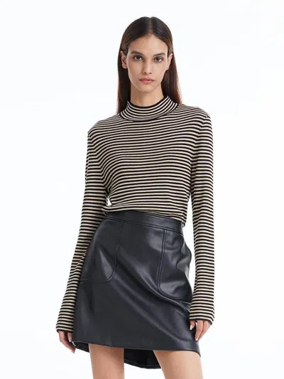 Goelia Woolen Stripe Mock Neck Women Sweater In Black