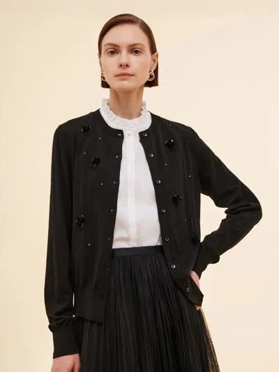Goelia Worsted Wool Blend Beaded Sequins Women Cardigan In Black