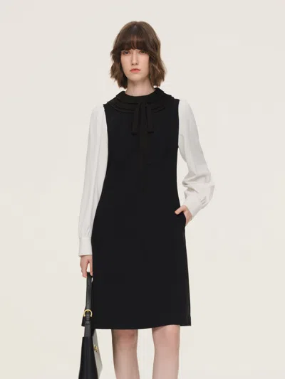 Goelia Worsted Wool Blend Ruffle Collar Women Mini Dress With Detachable Ribbon In Black