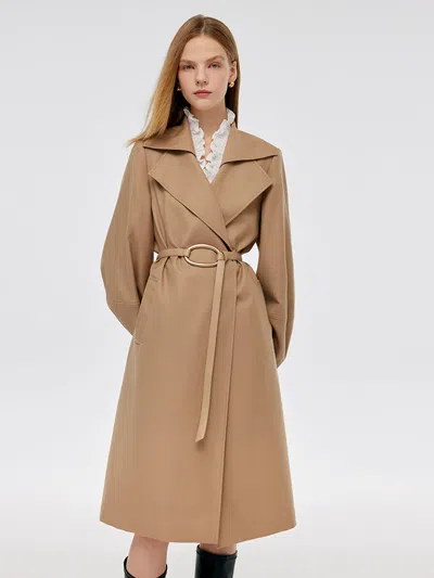 Goelia Worsted Wool Lantern Sleeve Women Trench Coat With Leather Belt In Brown