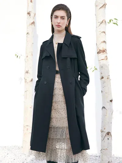 Goelia Worsted Woolen Gathered Waist Women Trench Coat In Black