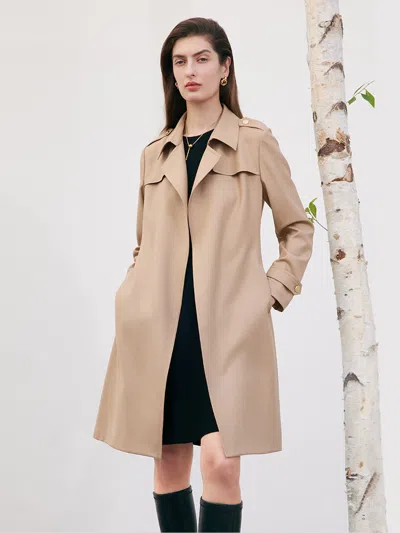 Goelia Worsted Woolen Women Trench Coat With Belt In Brown