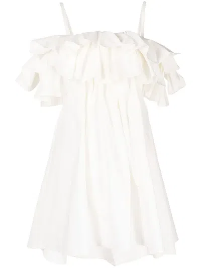 Goen J Cold-shoulder Ruffled Dress In White