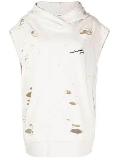 Goen J Distressed Effect Sleeveless Hoodie In White