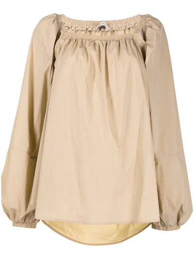 Goen J Off-shoulder Puff-sleeve Blouse In Brown