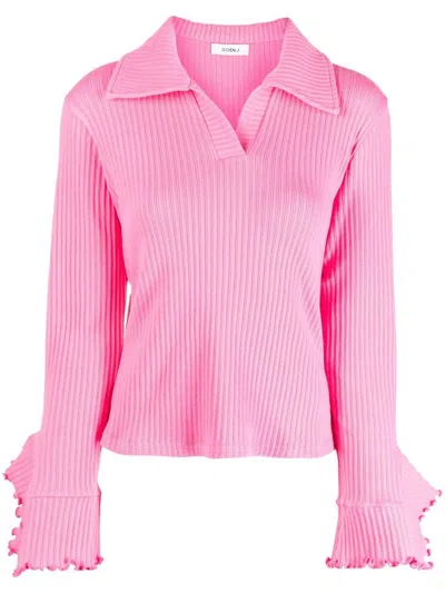 Goen J Ribbed Ruffle-trim Polo Top In Pink