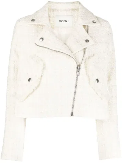 Goen J Tweed Cropped Biker Jacket In White