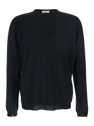 Goes Botanical Black Crew Neck Sweater With Dropped Shoulders In Wool Man In Blue