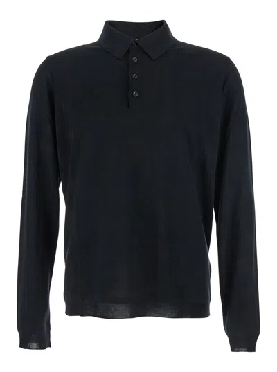 Goes Botanical Black Polo Shirt With Long Sleeves And Classic Collar In Wool Man In Blue