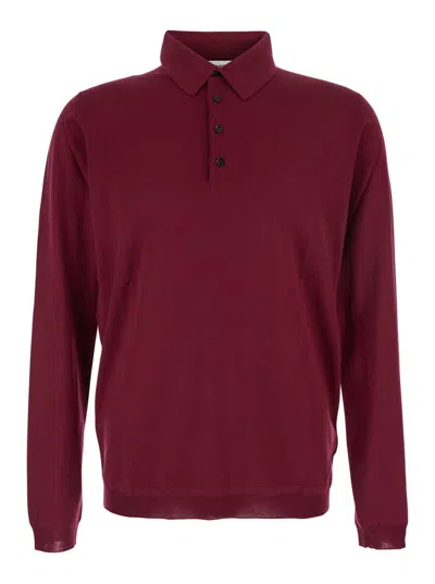 Goes Botanical Bordeaux Polo Shirt With Classic Collar And Long Sleeves In Virgin Wool Man In Brown