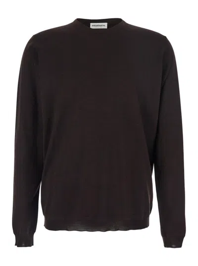 Goes Botanical Brown Crew Neck Sweater With Dropped Shoulders In Wool Man