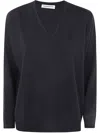 Goes Botanical Logn Sleeves Merinos Extrafine Super 140`s Over Vneck S In Black