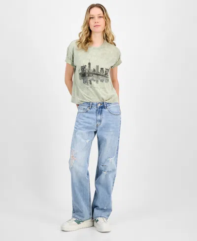 Gogo Jeans Juniors' Destructed Dream Fit Wide-leg Denim Jeans In Light Wash