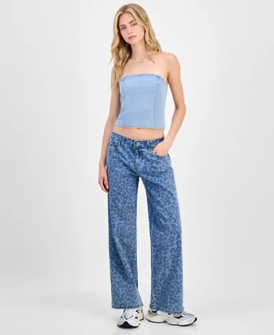 Gogo Jeans Juniors' Tonal Leopard-print Wide-leg Jeans