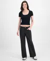 Gogo Jeans Juniors' Tonal Leopard-print Wide-leg Jeans In Black