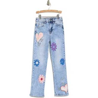 Gogo Jeans Kids' Flower Print High Waist Straight Leg Jeans In Medium