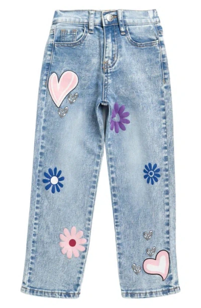 Gogo Star Kids' Heart & Flower Print Jeans In Med Wash