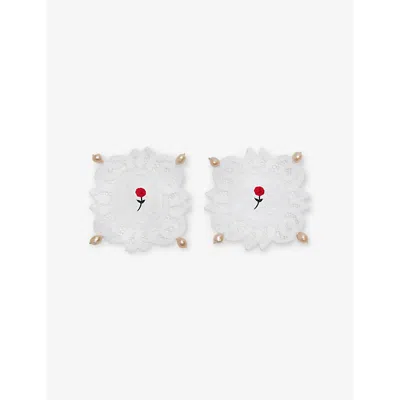 Gohar World Lace Pearl-embellished Cotton And Pear Coasters White And Red Rose In White And Red Rose