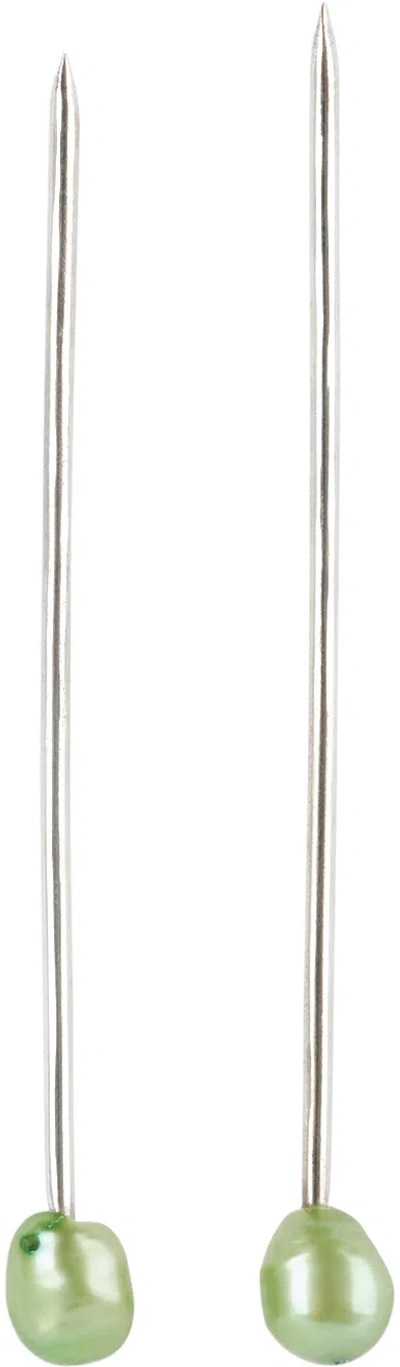 Gohar World Silver & Green Pearl Toothpick Set In Silver/pea Green