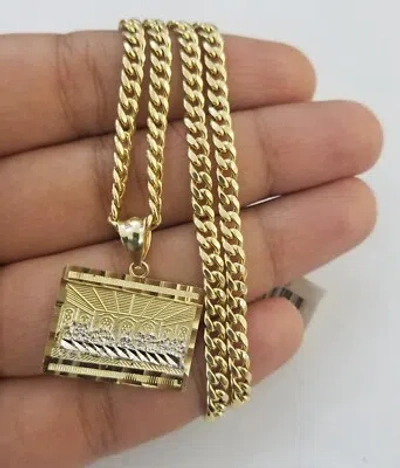 Pre-owned Gold & Diamond Jewelers Real 10k Gold Last Supper Charm Chain Miami Cuban Link Necklace 4mm 24 Inch Set In Yellow