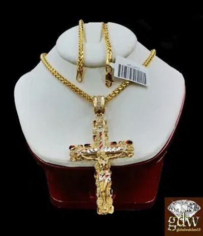 Pre-owned Gold And Diamond Real 10k Yellow Gold Mens Jesus Cross Charm Pendant Palm 22 Inch On Sale
