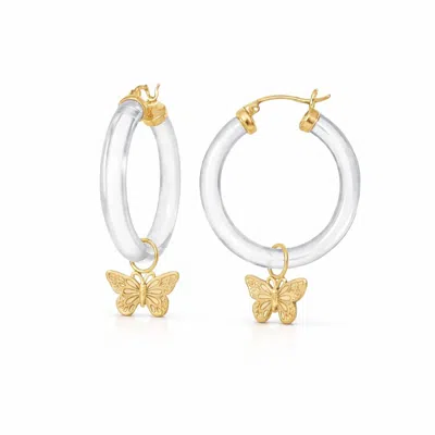 Gold & Honey Butterfly Charm Lucite Hoop Earrings In Clear In Gold