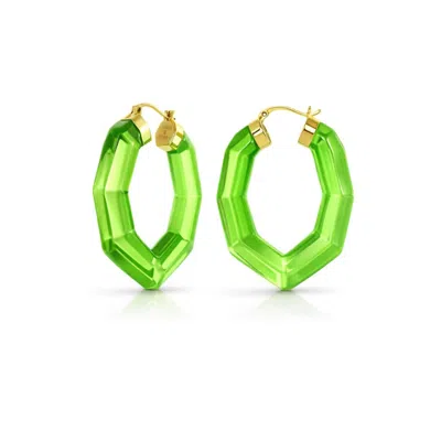 Gold & Honey Pear Gem Lucite Hoop Earrings In Green