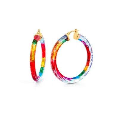 Gold & Honey Rainbow Painted Instyle Lucite Hoop Earrings In Blue In Multi
