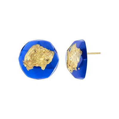 Gold & Honey Women's Blue / Gold 24k Gold Leaf Button Stud Earrings In Royal Blue