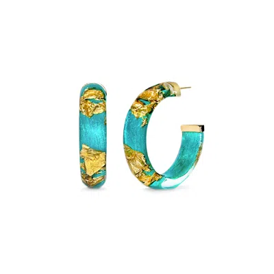 Gold & Honey Women's Blue / Gold Gold Leaf Hoop Earrings In Teal In Multi