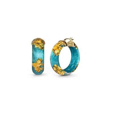 Gold & Honey Women's Blue / Gold Gold Leaf Huggie Hoop Earrings In Teal In Multi