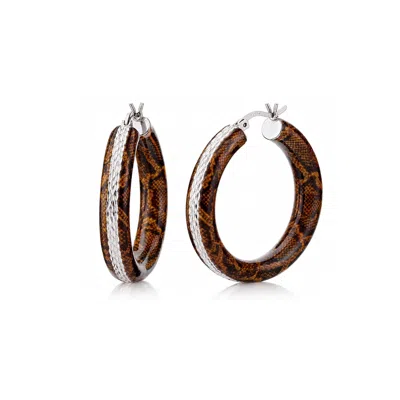 Gold & Honey Women's Brown / Silver Python Print Diamond Cut Hoop Earrings In Brown/silver