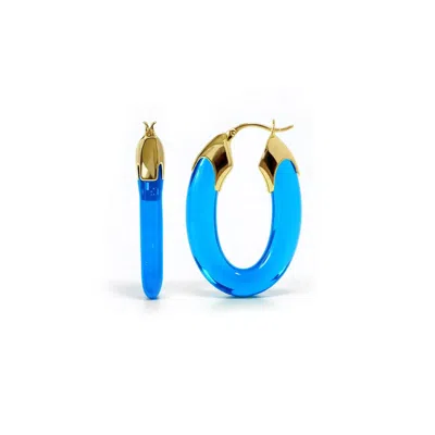 Gold & Honey Women's Carved Oval Lucite Birthstone Hoop Earrings In December - Blue Topaz