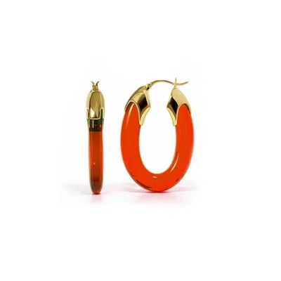 Gold & Honey Women's Carved Oval Lucite Birthstone Hoop Earrings In January - Garnet In Red